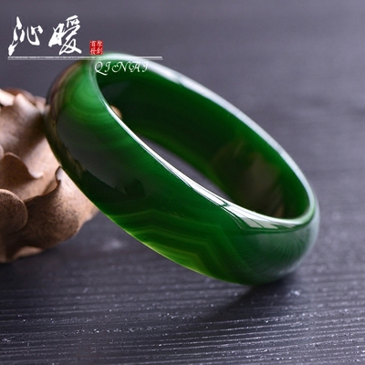 沁暧 天然草绿色玛瑙手镯加厚加宽 墨绿大气玉髓镯子 水晶女款