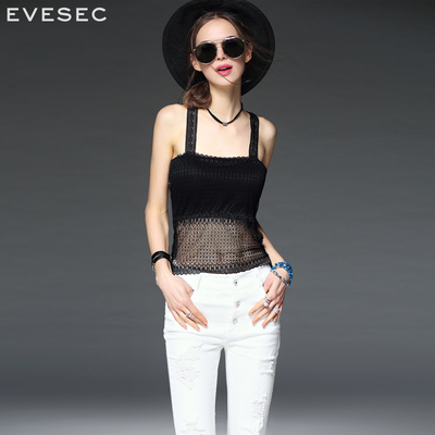 EVESEC欧洲站2017春装蕾丝莫代尔棉无袖打底抹胸短款吊带背心女夏