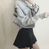2019流行外套女暗黑哥特复古皮环镂空水洗磨白牛仔上衣 喵了个咪