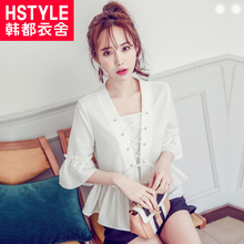 韩都衣舍2018韩版女装夏装新款纯色V领五分袖雪纺衫YK6393鲲图片