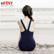 HHNT2019欧美风复古优雅简约时尚露背气质连体泳衣小胸女遮肚显瘦