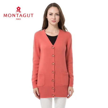 Montagut 梦特娇 女装V领中长款开衫 羊驼毛混纺纯色保暖女士毛衣商品大图