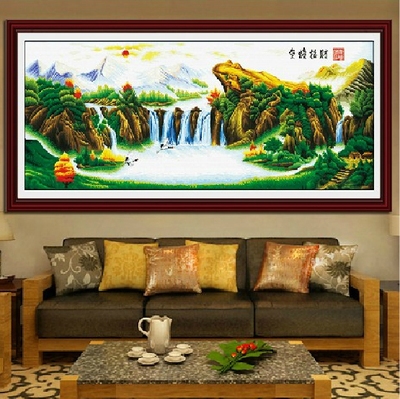 纯手工十字绣成品金蟾招财八方聚财客厅大幅山水风景画绣好的出售