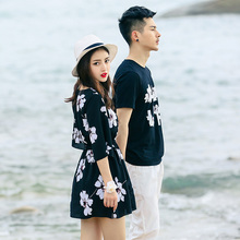 情愫海边度假沙滩情侣装夏装女裙2018新款短袖t恤韩版夏季连衣裙