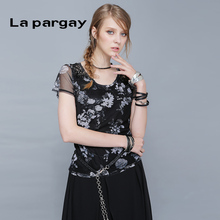 lapargay 花卉图案网料印花T恤女 纳帕佳2017夏新款 L48200215E