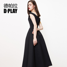缎面斜肩一字领小礼服连衣裙高腰A字赫本小黑裙 D-PLAY欧美时尚