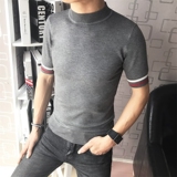 秋季新款短袖t恤男中高领线衣男士韩版修身港风半袖毛衣打底衫潮