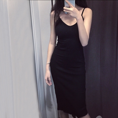 chic吊带连衣裙女夏中长款2018早秋新款港风打底针织修身背心裙子