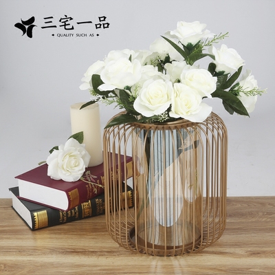 欧式样板房间酒店设计师软装金属古铜桌面花器玻璃烛台摆件后现代