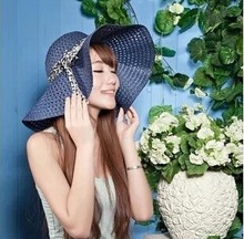沙滩帽圆顶蝴蝶结飘带大檐帽可折叠遮阳帽镂空草帽女 批发帽子韩版