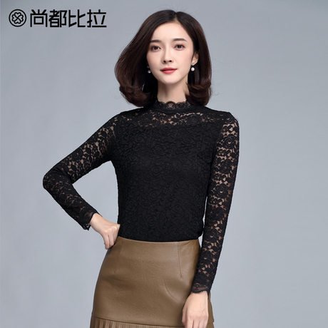 【8折价:102元】尚都比拉黑色立领蕾丝衫性感2018长袖打底衫上衣商品大图