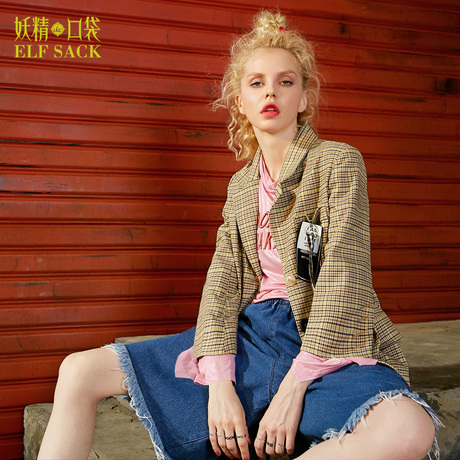 妖精的口袋旗舰店秋季新款韩版宽松大码趣味织带西装短外套女长袖商品大图