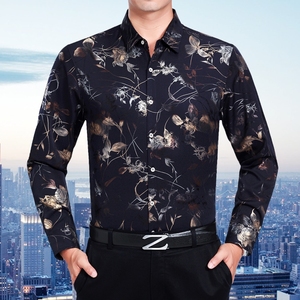 新款高档秋季桑蚕丝中老年男士长袖t恤大码花色翻领爸爸装花衬衫