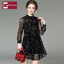 GPPNKC定制 长袖立领灯笼袖真丝拉链宽松腰A字荷叶边女裙连衣裙图片