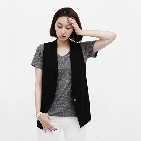 2015夏季新款韩版修身马甲一粒扣西装领外套休闲黑色马夹女装潮商品大图