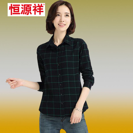 恒源祥2016正品秋季女装薄款外套格子衫方领中年上衣长袖纯棉衬衫商品大图