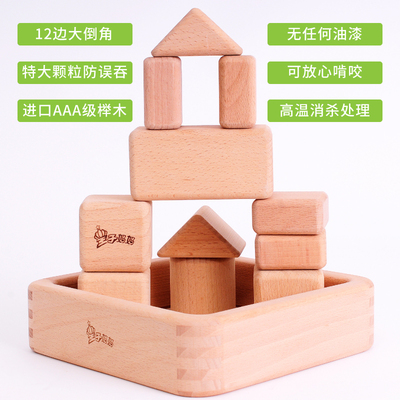进口榉木实木无油漆婴儿可啃咬环保积木Te大颗粒宝宝启蒙益智玩具