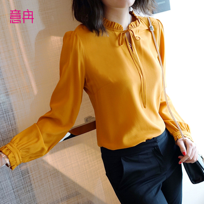 意冉夏桑蚕丝上衣女长袖女装新款荷叶领真丝衬衫宽松大码真丝衬衣