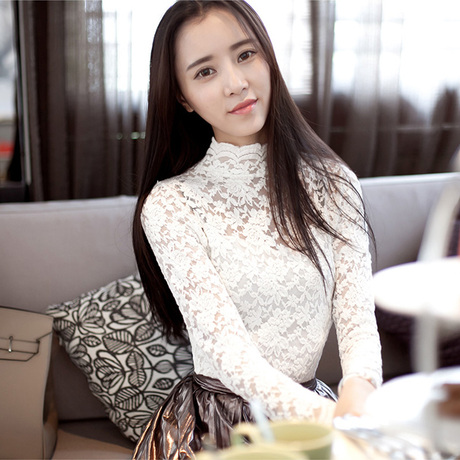 高领蕾丝衫女装秋冬新款韩版修身显瘦加绒上衣立领长袖打底衫商品大图