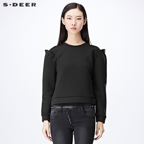 sdeer圣迪奥2018秋女装设计感飞边袖纯色短款上衣S17182248商品大图
