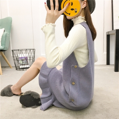 2018秋装新款针织背心裙毛线连衣裙秋冬季女装背带裙中长款毛衣裙