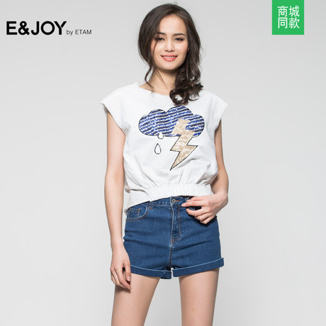 Etam/艾格E&JOY2017夏季新品亮片图案印花弹力短袖T恤D72商品大图