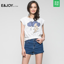 Etam/艾格E&JOY2017夏季新品亮片图案印花弹力短袖T恤D72图片