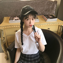 春夏女装2017新款韩版显瘦百搭V领纯色T恤女简约短袖打底上衣学生图片
