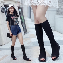 春秋新款鱼嘴长靴女百搭平底显瘦弹力布靴子内增高长筒靴露趾凉靴