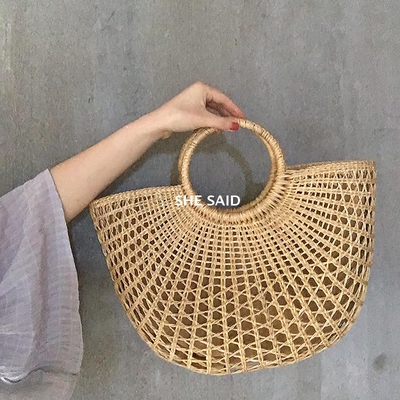 she said /ins同款月亮草编包 韩风chic凹造型野餐度假手提草包