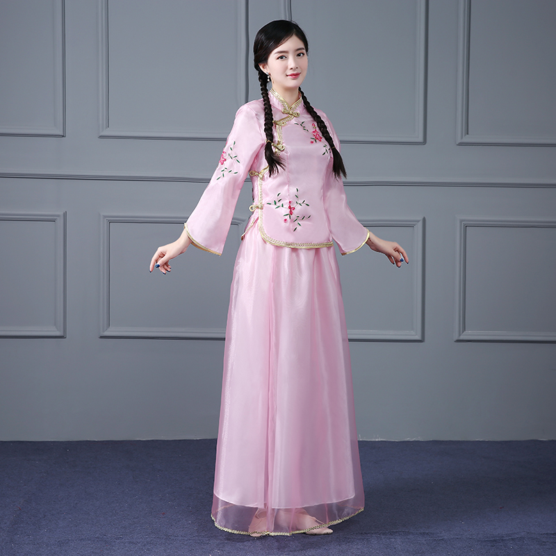 秋新款中式伴娘服伴娘团礼服姐妹裙长款婚礼粉