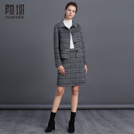 颜域女装冬装2018新款复古翻领单排扣长袖格纹双面呢子短款外套女商品大图