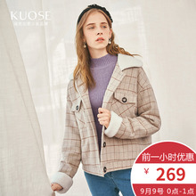 阔色2018秋冬新款韩版女装保暖格纹时尚羊羔绒翻领短款毛呢外套图片