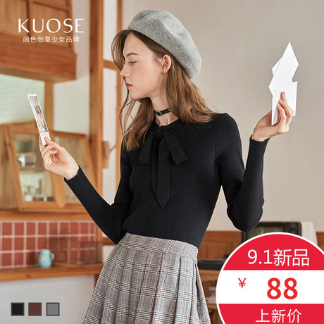 阔色2018秋冬新款韩版女装学生蝴蝶结领长袖黑色打底毛针织衫商品大图