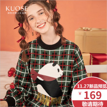 阔色2018冬季新款韩版女学生宽松格子圆领套头灯笼袖上衣毛衣图片