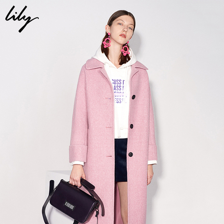 Lily2018冬新款女装通勤H型直筒中长款毛呢大衣外套118430F1125商品大图