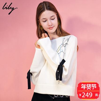 Lily2017冬新款女装宽松落肩袖系带卫衣刺绣短款卫衣117440A8738