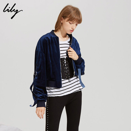 Lily新款女装时尚OL丝绒拉链侧织带棒球短外套117349C3911商品大图