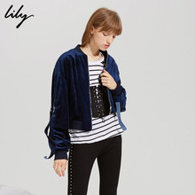 Lily新款女装时尚OL丝绒拉链侧织带棒球短外套117349C3911图片