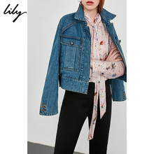 Lily2018秋新款女装精致纽扣工装口袋全棉牛仔短外套118359G3923图片