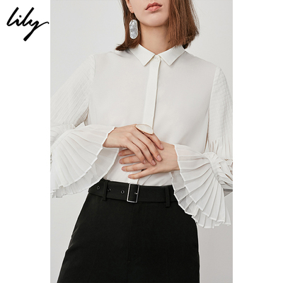 Lily2018秋新款女装时尚通勤压褶造型袖纯白色衬衫118339C4929