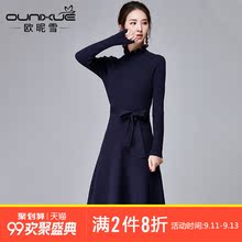 欧昵雪秋冬气质淑女时尚ol系带针织连衣裙修身显瘦百搭打底裙子图片