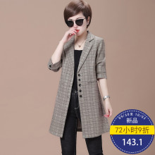 秋比2018春季新款韩版修身单排扣七分袖中长款格子西装女外套图片