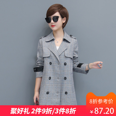 秋比2018秋季新款女装韩版时尚格子外套女中长款西装领风衣外套潮商品大图