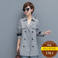 秋比2018秋季新款女装韩版时尚格子外套女中长款西装领风衣外套潮图片