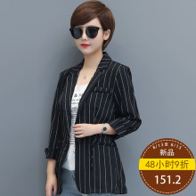 秋比2018新款秋季女装韩版条纹一粒扣西装外套女中长款英伦西装女图片
