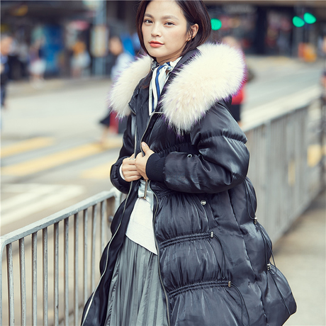 PRASE冬装2018新款貉子大毛领黑色亮面羽绒服女中长款加厚潮外套商品大图