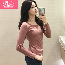 秋季新款韩版圆领纯棉修身显瘦长袖体恤打底衫纯色女装上衣打底衫图片