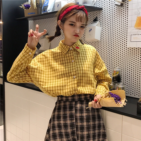 2018春季韩版女装新款chic复古衬衫刺绣甜美百搭长袖格子学生上衣商品大图