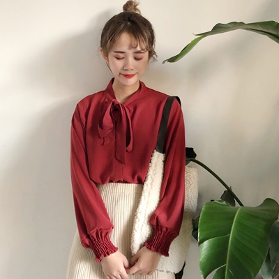 春秋2018新款韩版宽松蝴蝶结chic雪纺上衣纯色学生复古长袖衬衫女
